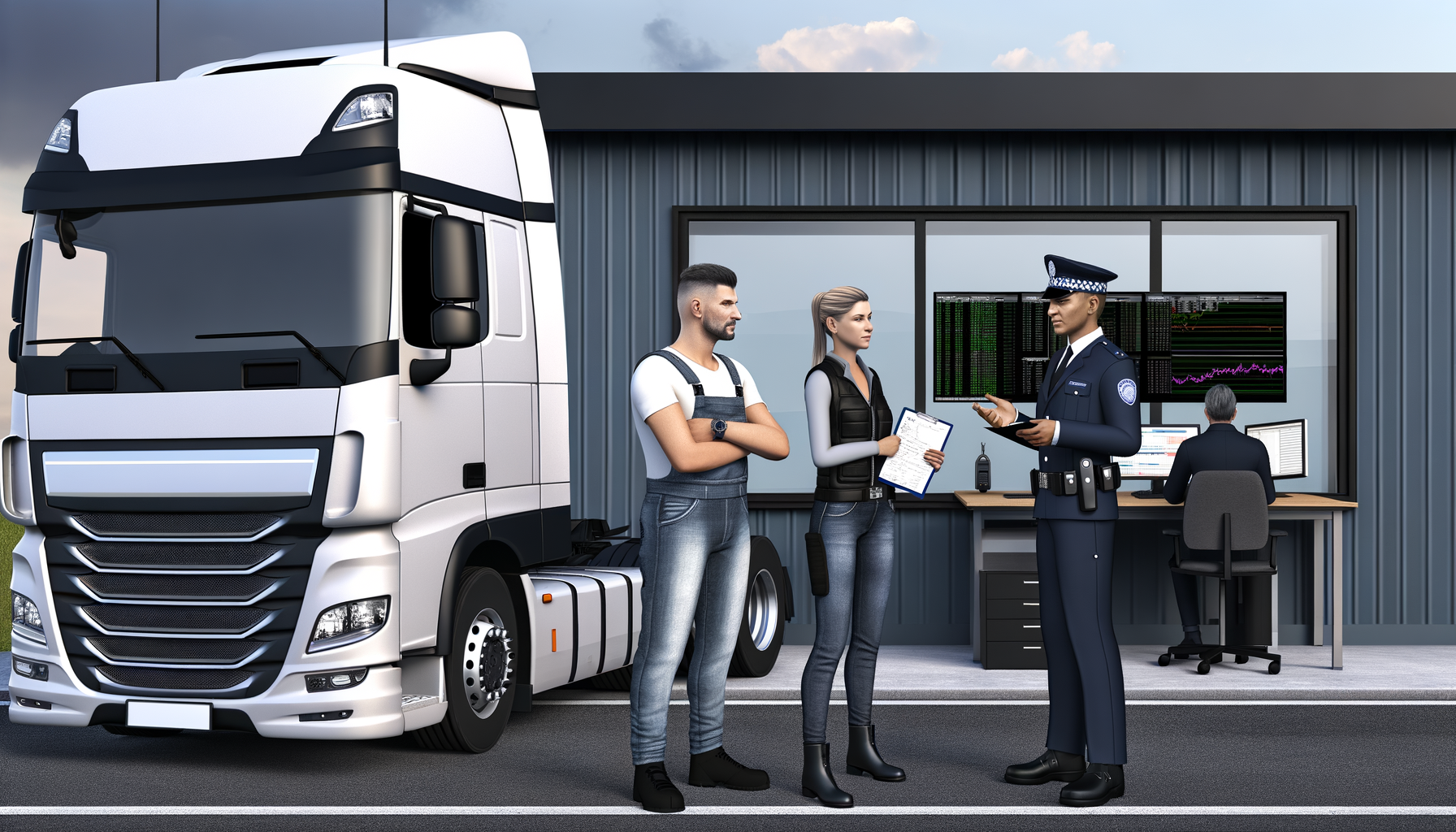 Controllo su strada di un camion con autista, agente e ufficio traffico che verifica i dati del tachigrafo e la tracciabilità del viaggio