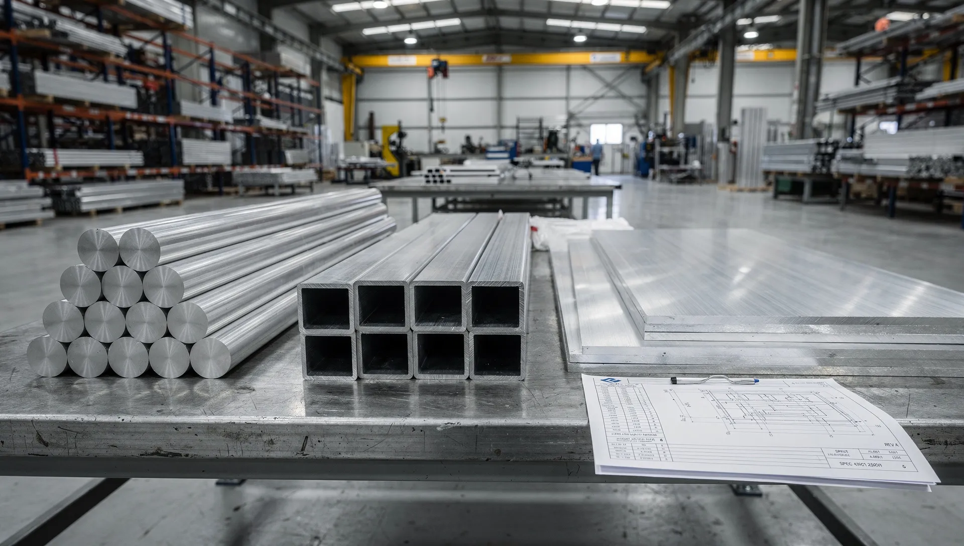 Barre, tubi e piastre in alluminio 6082 in un contesto industriale con documentazione tecnica su banco di lavoro